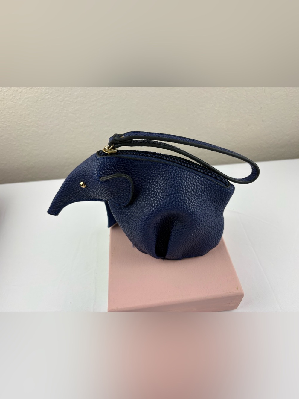 Le Miel Navy Blue Vegan Elephant Soft-Touch Faux Pebbled Leather Wristlet. - Picture 2 of 6